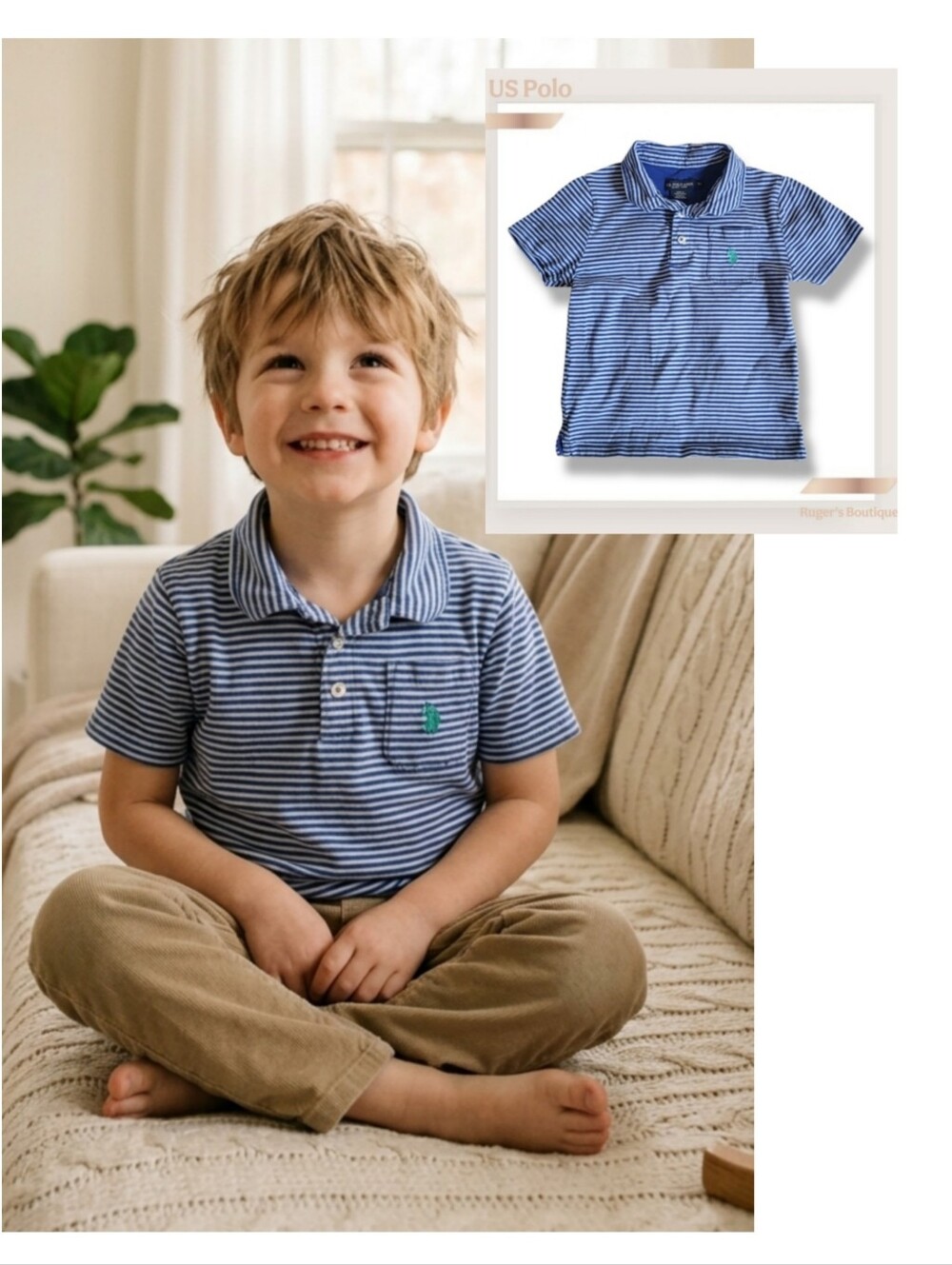 🌿US Polo Association Boys 5T Cotton Blue White Striped Polo Short Sleeve